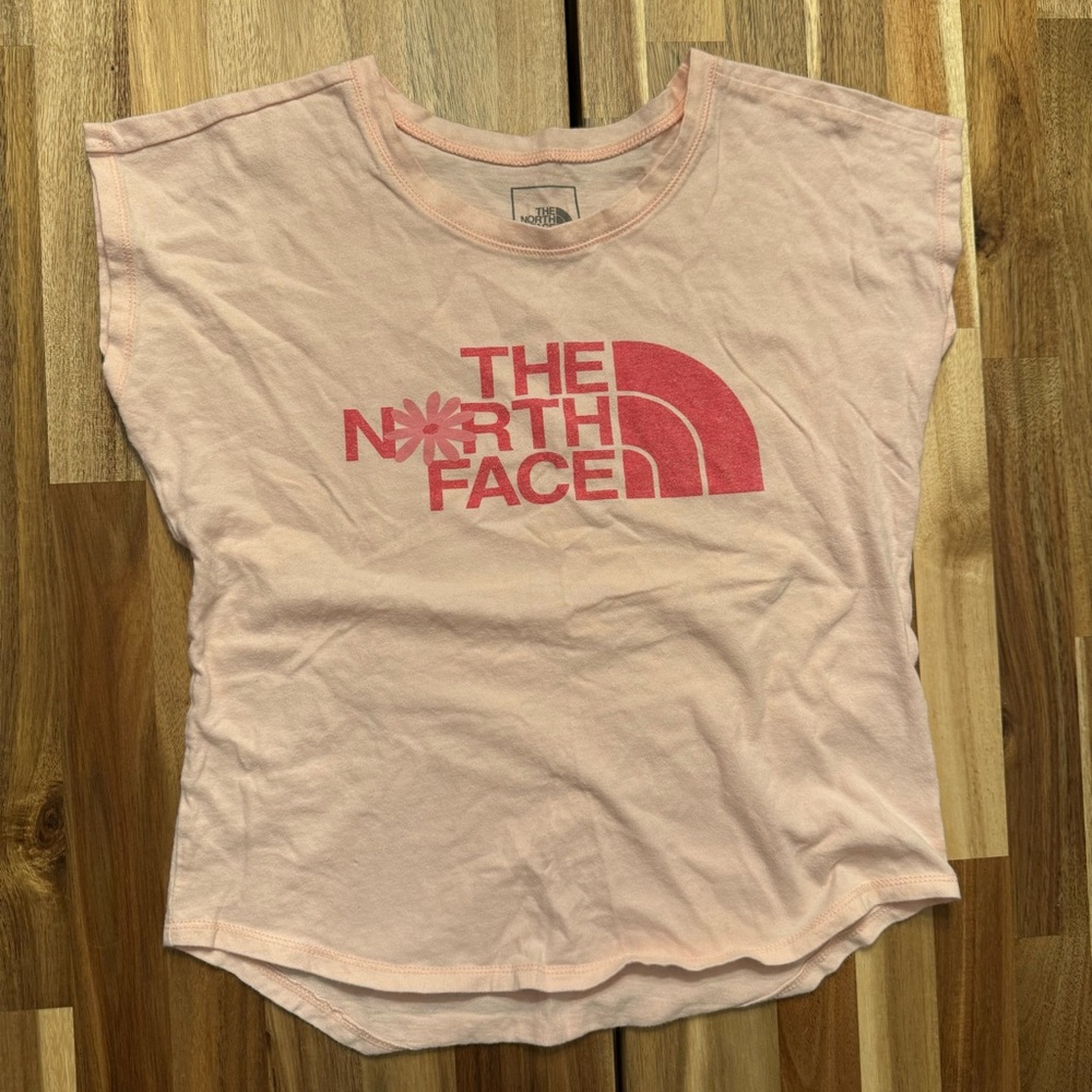 The North Face Girls Pink Graphic Logo Flower T-Shirt Size S 7/8 Cap Sleeve Tee